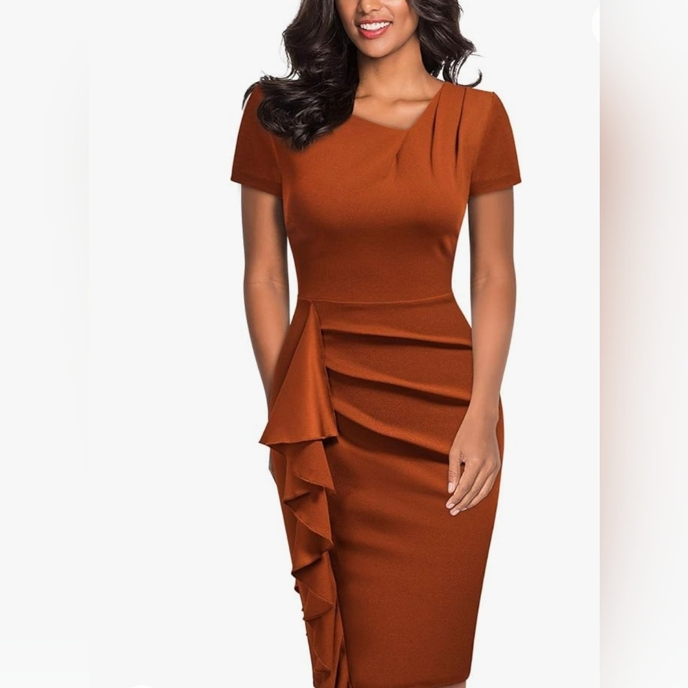 Knitee Women's Retro 50s Style V Neck Ruffle Party Cocktail Pencil Dress